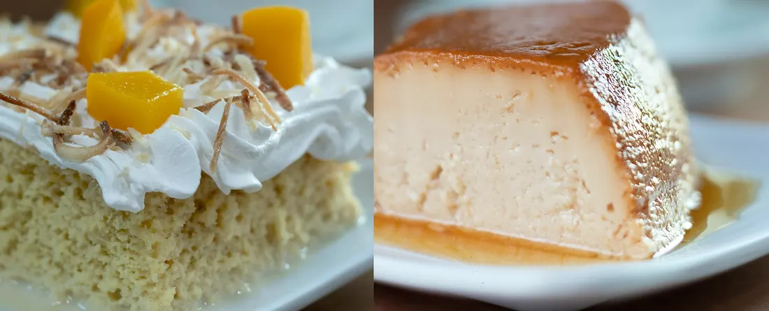 Rebanada de pastel de tres leches y una porción de flan